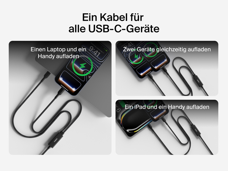 Ein geflochtenes Belkin BoostCharge Pro USB-C-Doppelkabel l&auml;dt einen Laptop und ein Handy, zwei Handys oder ein Tablet und ein Handy gleichzeitig mit bis zu 140&nbsp;W Leistung auf.